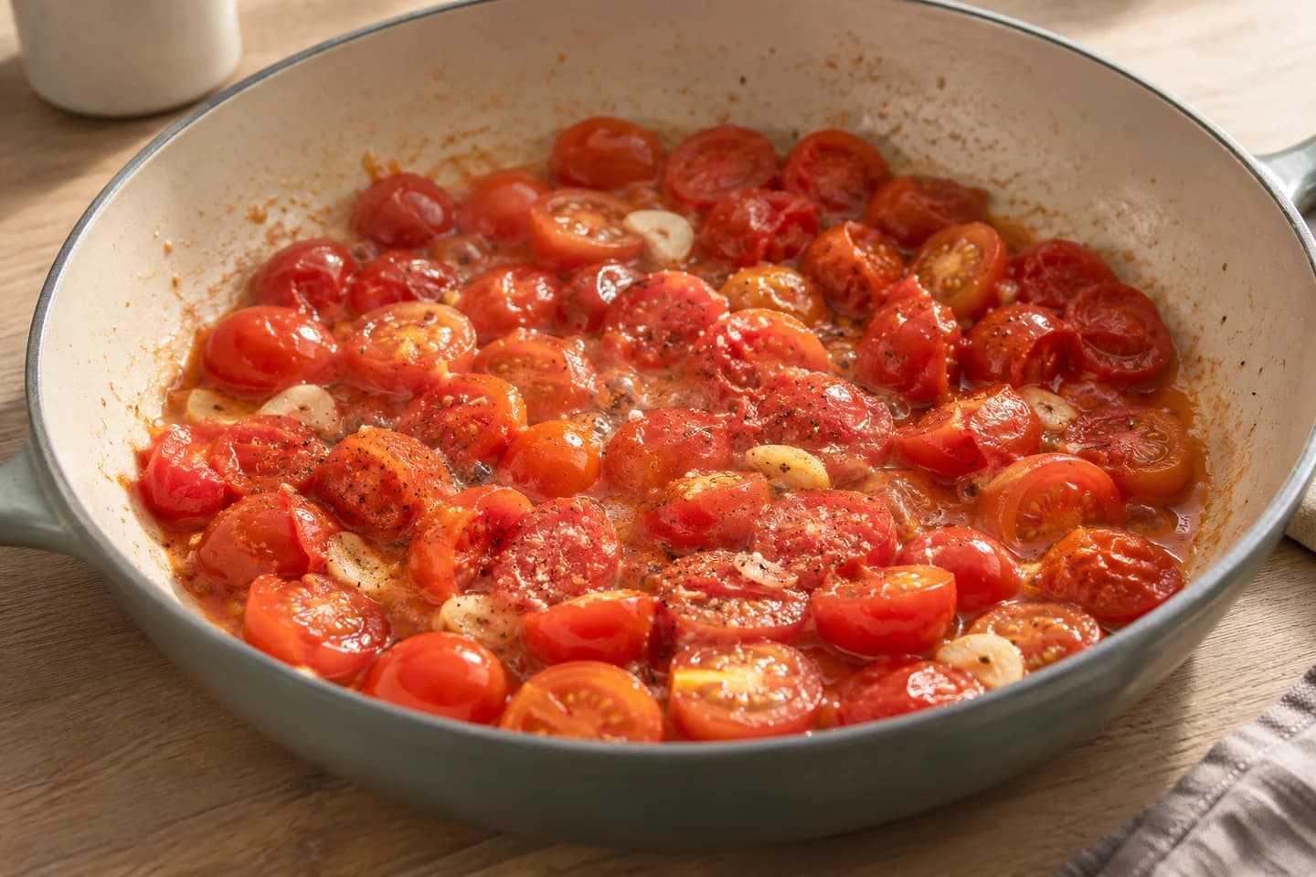 Cherry Tomato White Bean Gnocchi: Add tomatoes, salt and pepper and cook for 8–10 minutes, crushing a few tomatoes to release juice