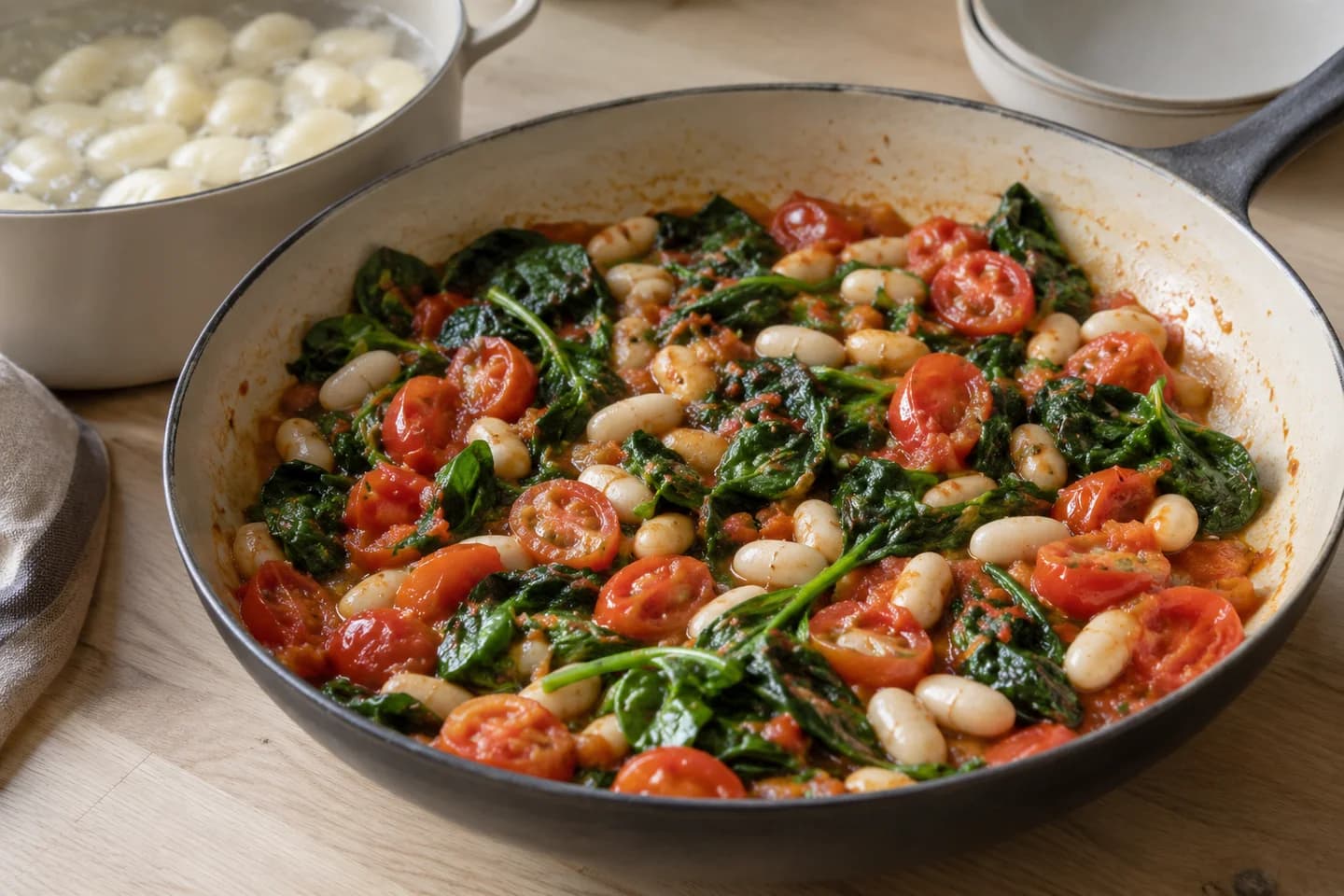 Cherry Tomato White Bean Gnocchi: Cook gnocchi according to the packet