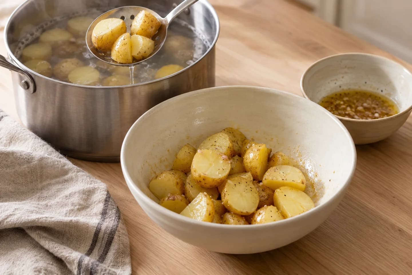 Chickpea Niçoise Salad: Boil potatoes in salted water until tender, about 10 minutes; lift out with a slotted spoon and toss with a teaspoon vinaigrette while warm