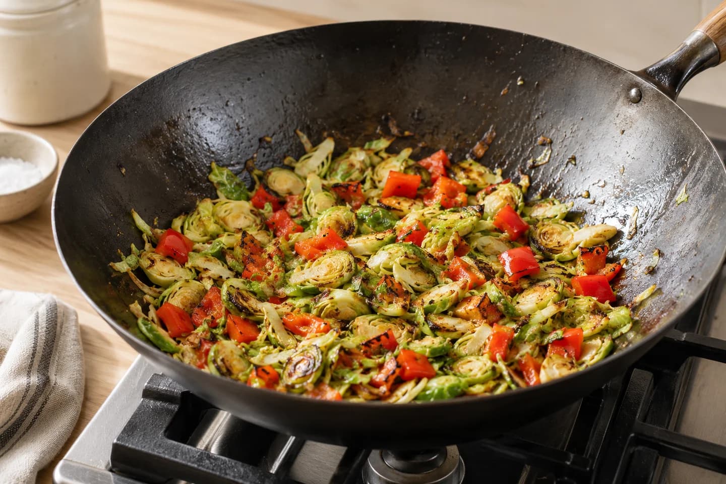 Chili Crisp Cashew Brussels Fried Rice: Return the wok to high heat, add neutral oil plus another teaspoon sesame oil, and stir-fry shredded Brussels sprouts and bell pepper with a pinch of salt for 4–5 minutes until crisp-tender with charred spots