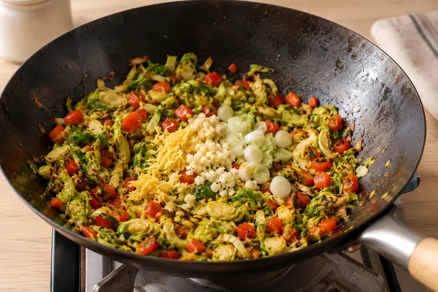 Chili Crisp Cashew Brussels Fried Rice: Add scallion whites, garlic, and ginger
