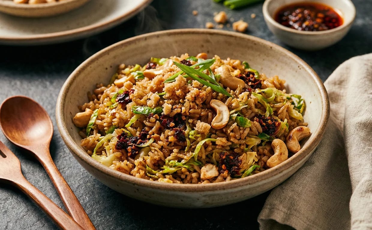 Wok filled with fried rice, Brussels sprouts, chili crisp, and cashews