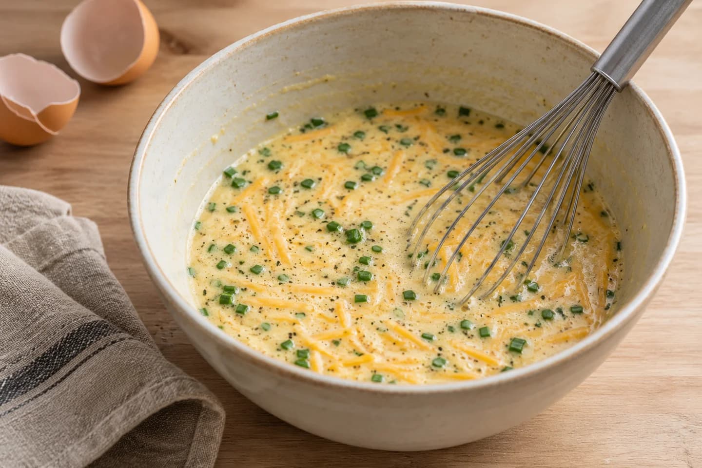 Chive-Cheddar Dutch Baby: Whisk the eggs, milk, flour, Dijon, salt, and pepper until smooth