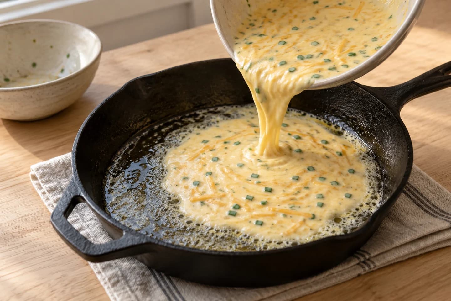 Chive-Cheddar Dutch Baby: Carefully remove the hot skillet and add the butter, swirling to coat