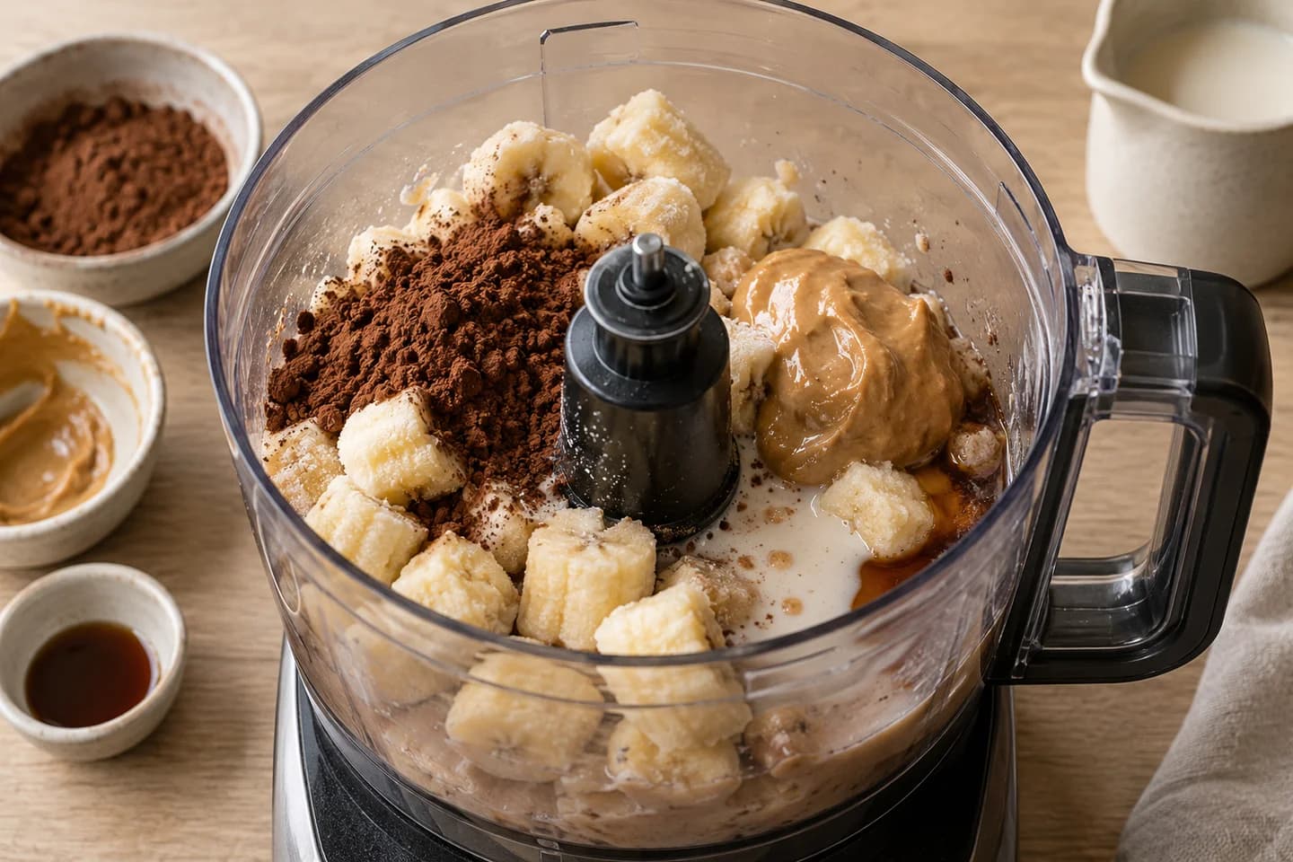 Chocolate Banana Nice Cream: Add cocoa, peanut butter, oat milk and vanilla and blend until creamy, pausing to scrape the sides