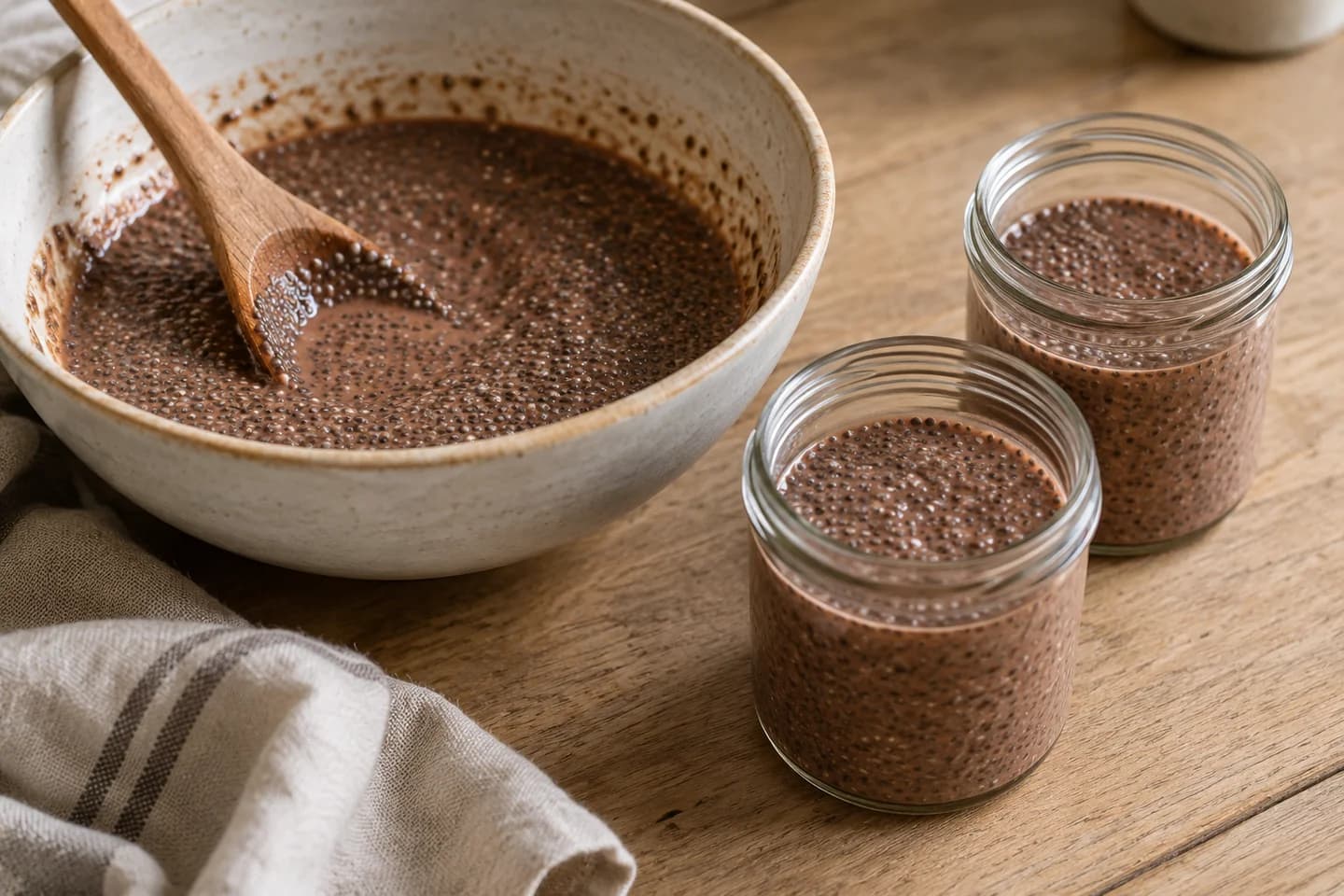 Chocolate Cherry Chia Pudding: Stir in chia seeds and divide between two jars