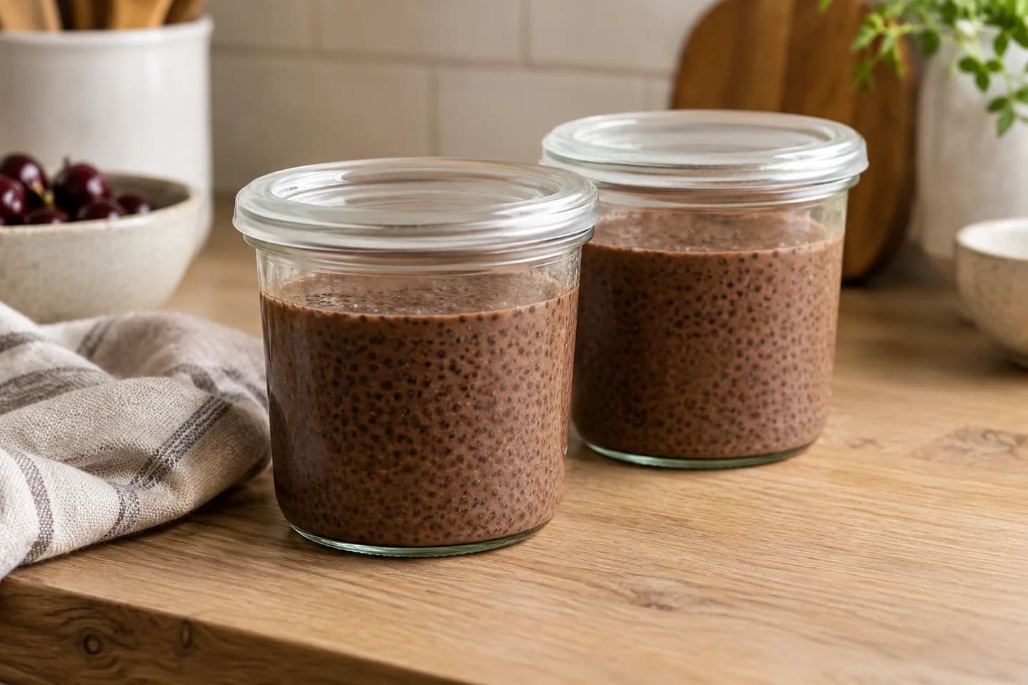 Chocolate Cherry Chia Pudding: Cover and refrigerate for at least 4 hours; chilling is additional to the active preparation time