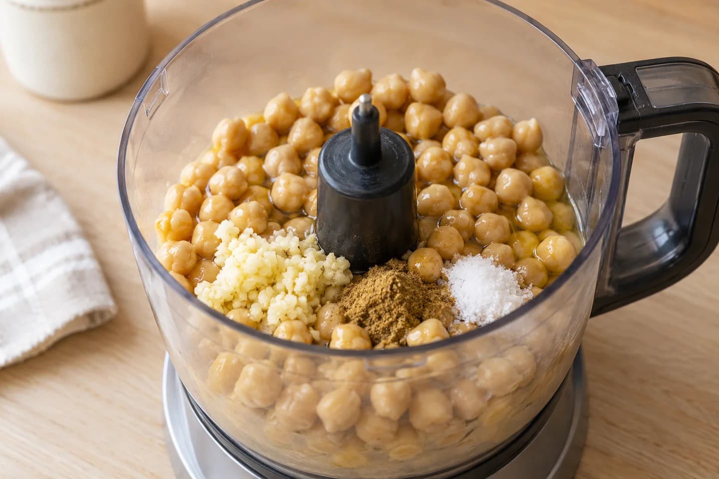 Classic Lemon Tahini Hummus: Add chickpeas, garlic, cumin, salt and olive oil
