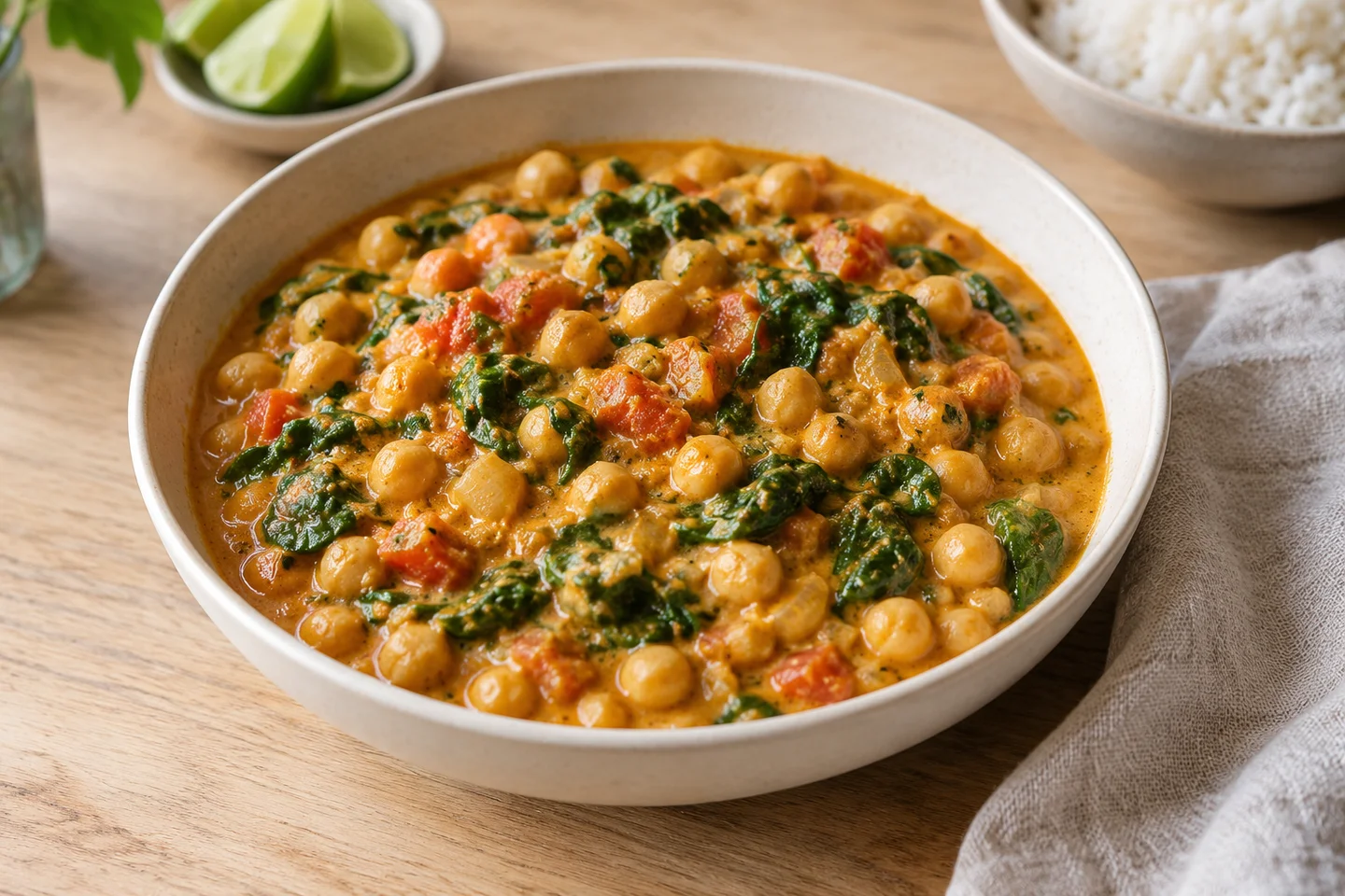Coconut Chickpea Spinach Curry, ready to serve