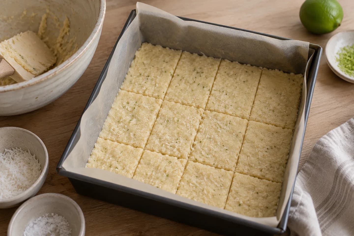 Coconut Lime Shortbread: Fold in flour, coconut and salt to make a soft dough