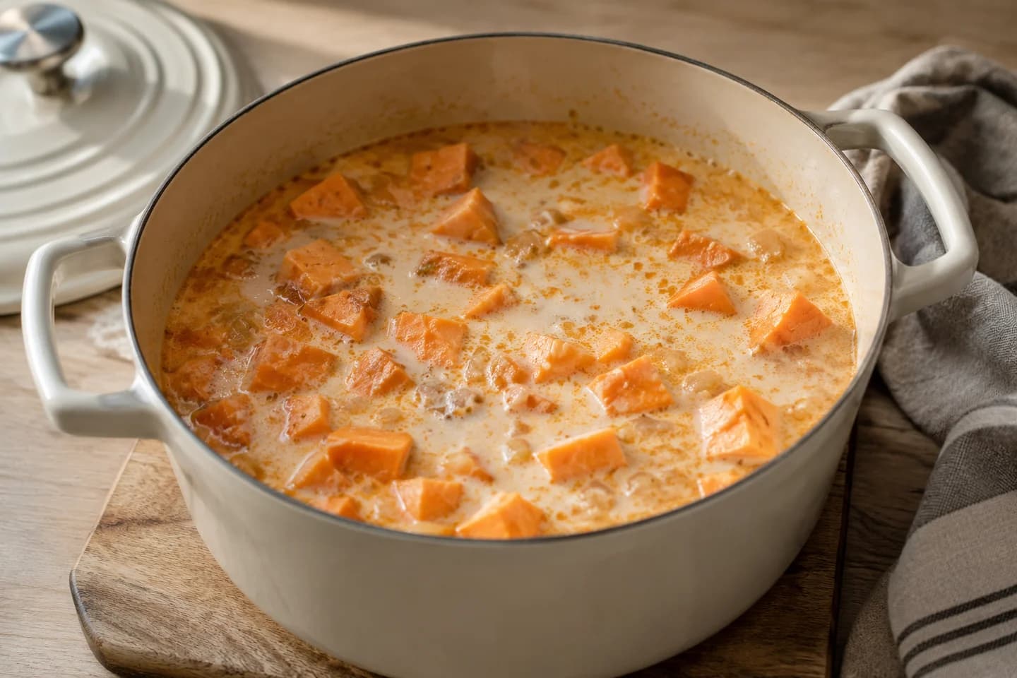 Coconut Sweet Potato Soup: Add sweet potato, coconut milk, stock and salt