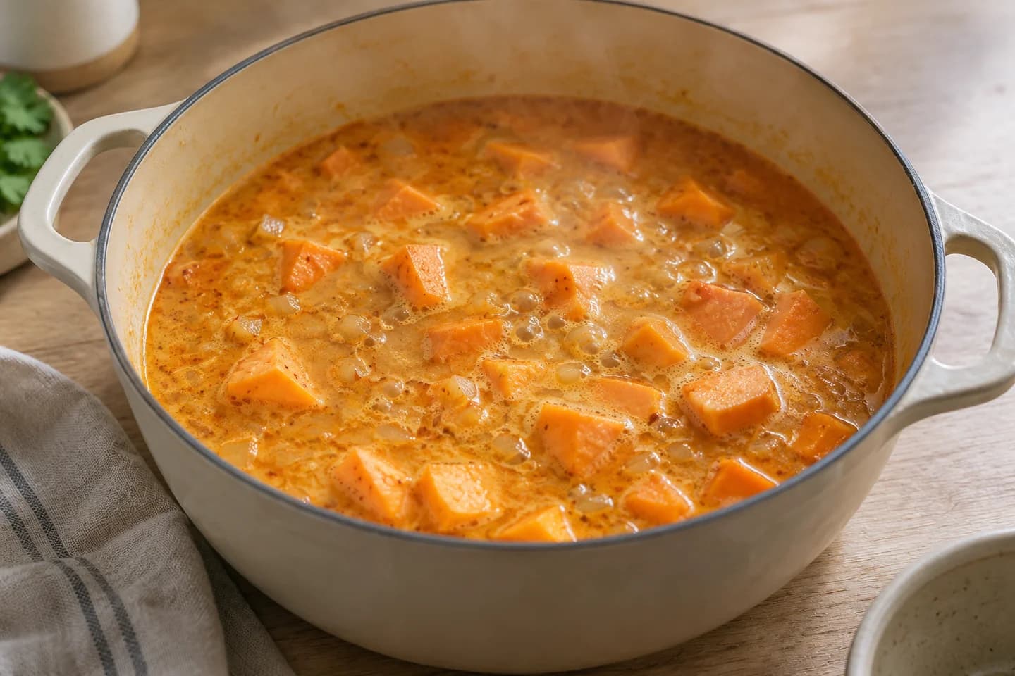 Coconut Sweet Potato Soup: Simmer for 18–20 minutes until the sweet potato is completely tender