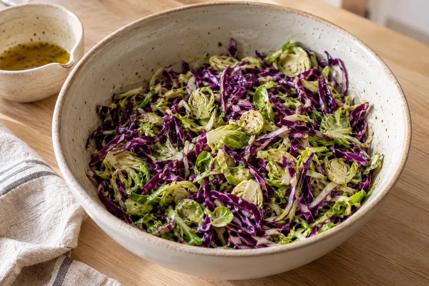 Cranberry Citrus Brussels Slaw: Toss shaved Brussels sprouts and purple cabbage with half the dressing and massage for 1 minute to tenderize