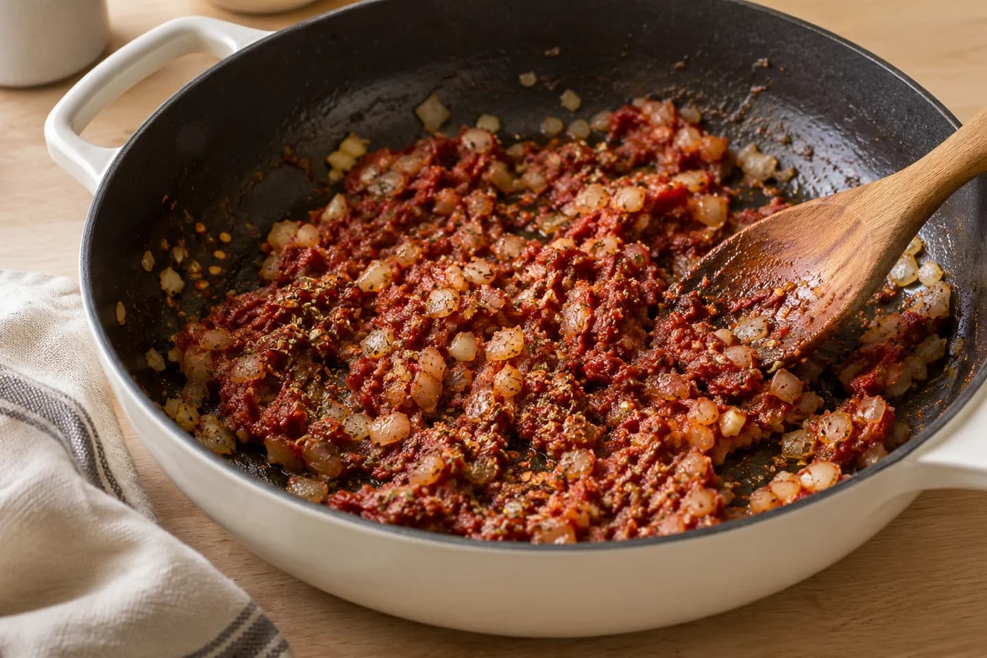 Creamy Tomato Tortellini Skillet: Stir in the garlic, tomato paste, oregano, and red pepper flakes for 30 seconds