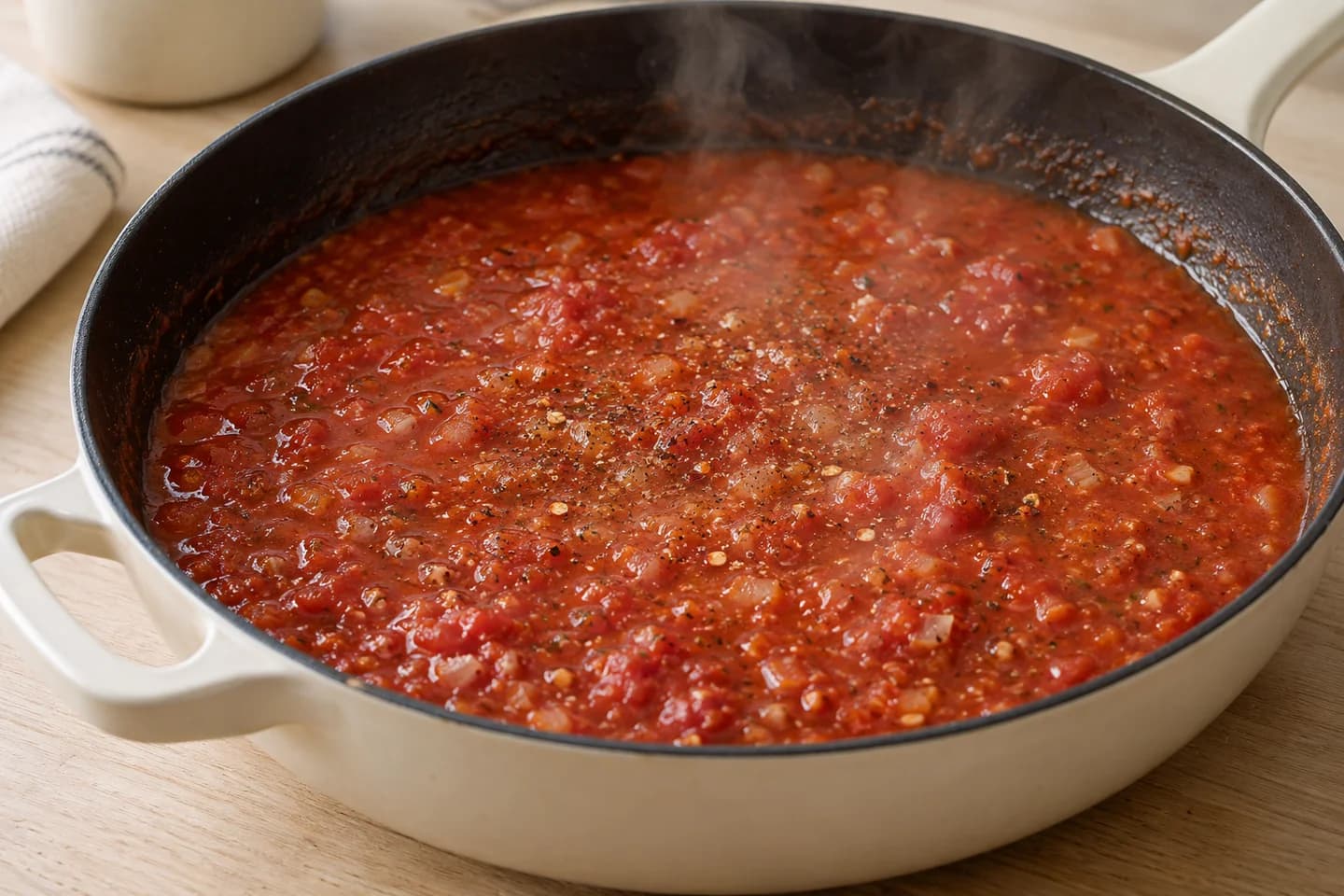 Creamy Tomato Tortellini Skillet: Pour in the crushed tomatoes and broth