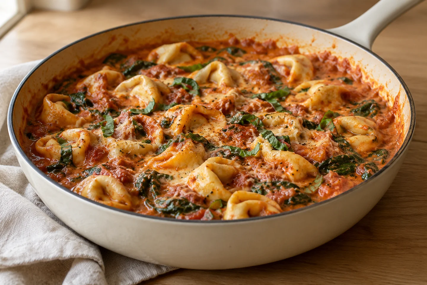 Creamy tomato tortellini skillet with basil