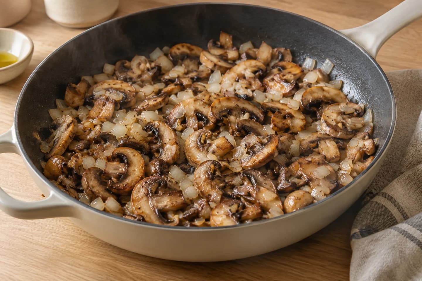 Creamy Vegan Mushroom Pasta: Heat oil in a wide skillet and brown mushrooms for 8 minutes