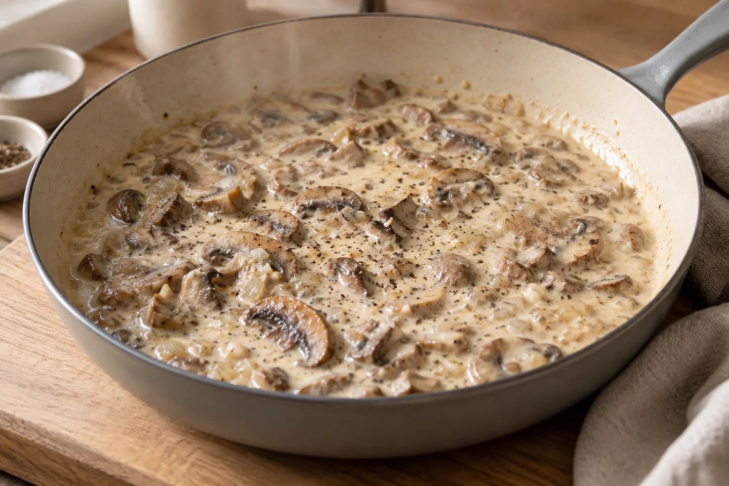Creamy Vegan Mushroom Pasta: Add garlic for 1 minute, then oat cream, salt and pepper