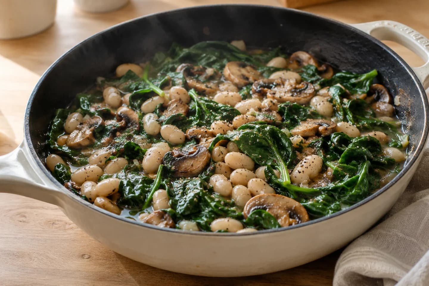 Creamy White Bean Polenta: Add beans, spinach, salt, pepper and 60 ml water