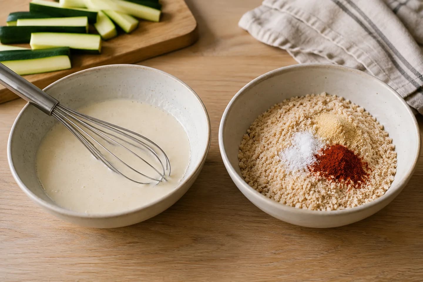 Crispy Baked Zucchini Fries: Whisk flour and oat milk in one bowl