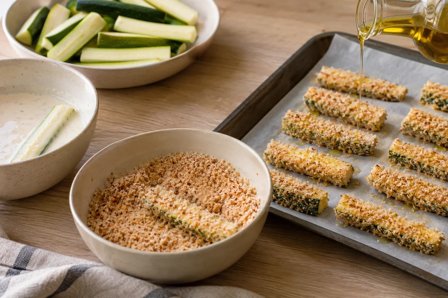 Crispy Baked Zucchini Fries: Dip zucchini in batter, then crumbs, and place spaced apart on a lined tray