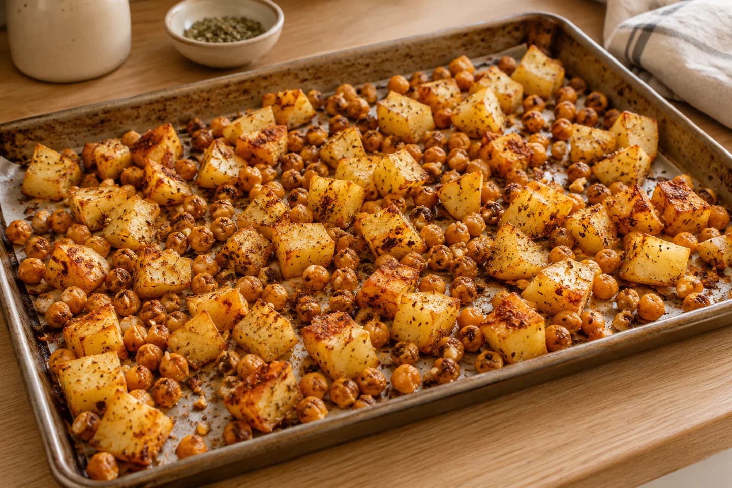 Crispy Chickpea Potato Traybake: Spread on a large baking tray and roast for 25 minutes, turning once