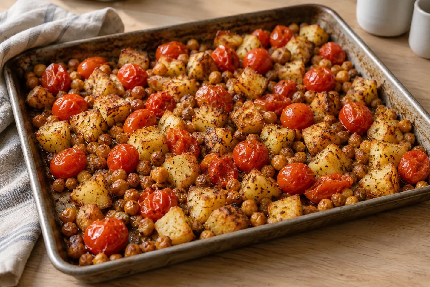 Crispy Chickpea Potato Traybake: Add cherry tomatoes and roast for 10–12 minutes until potatoes are tender and tomatoes burst