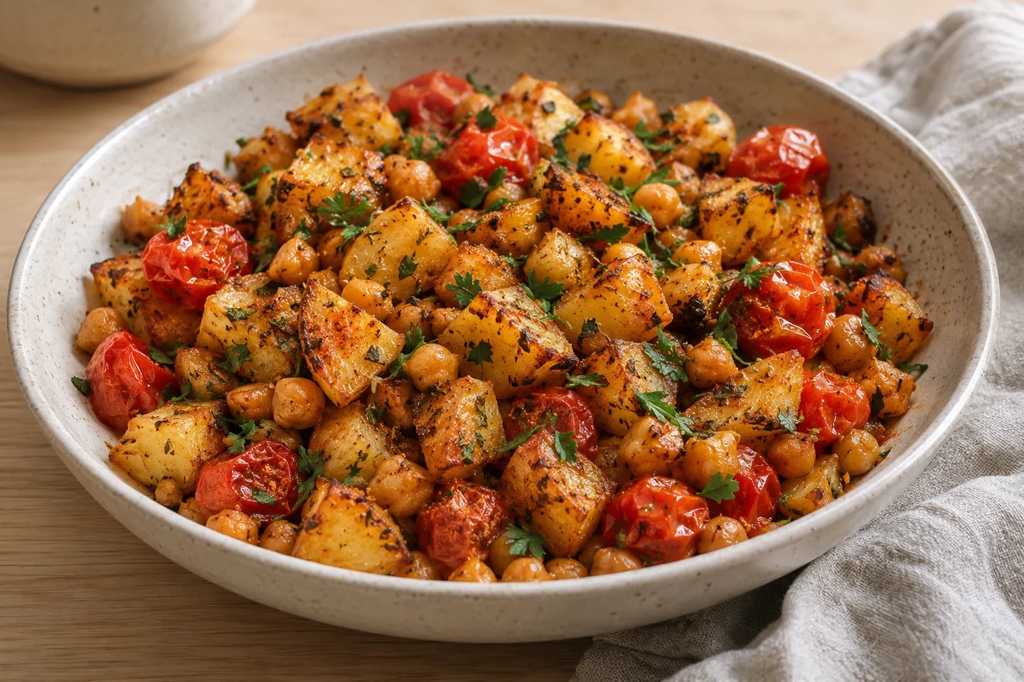 Crispy Chickpea Potato Traybake, ready to serve