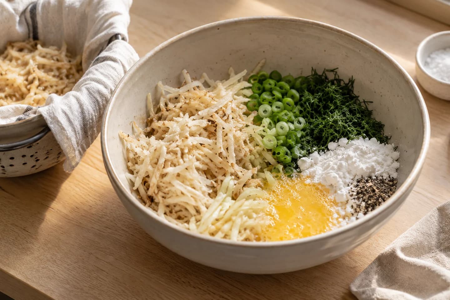 Crispy Sunchoke & Herb Latkes: Twist towel firmly to remove as much liquid as possible