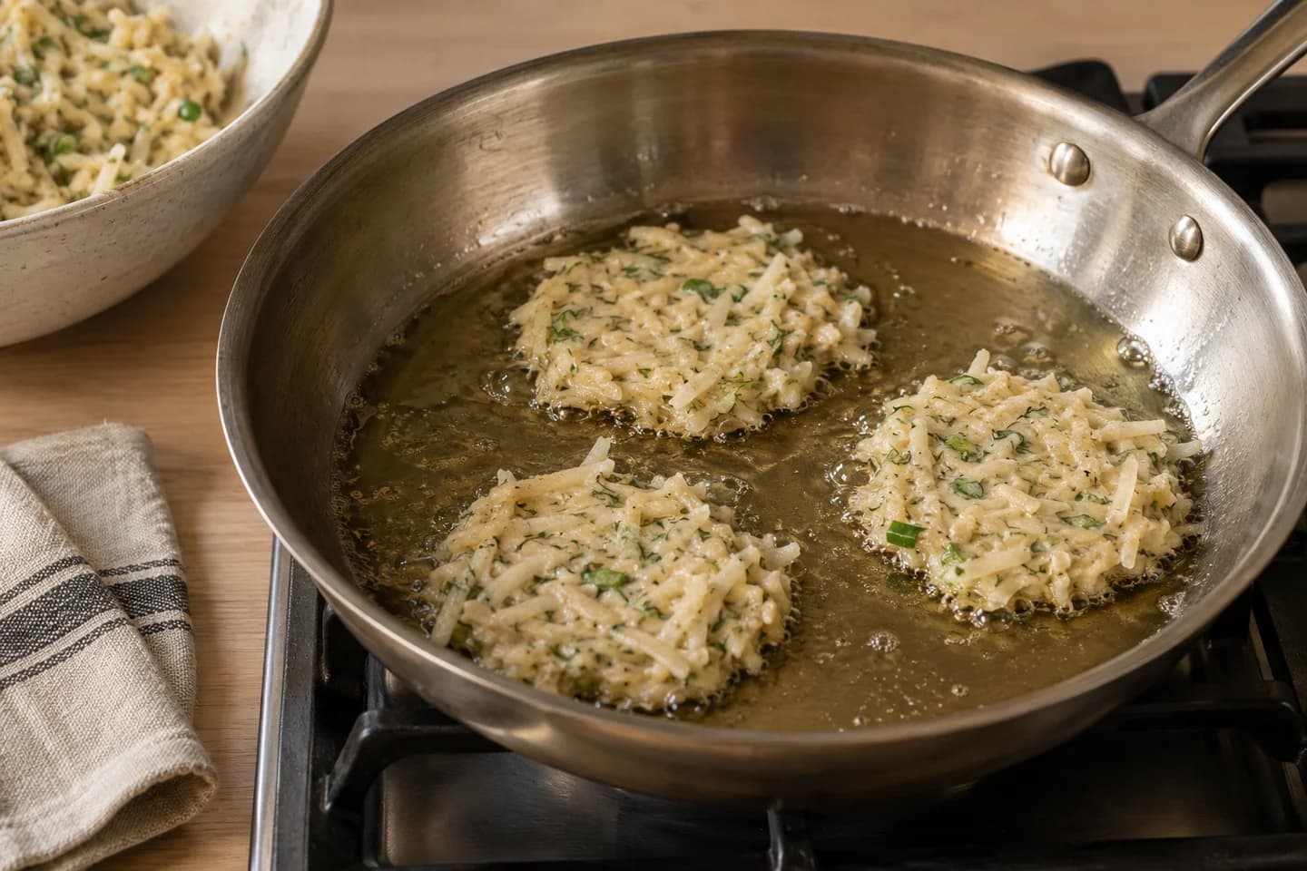 Crispy Sunchoke & Herb Latkes: Heat 1/4 inch avocado oil in a 12-inch skillet over medium-high until shimmering