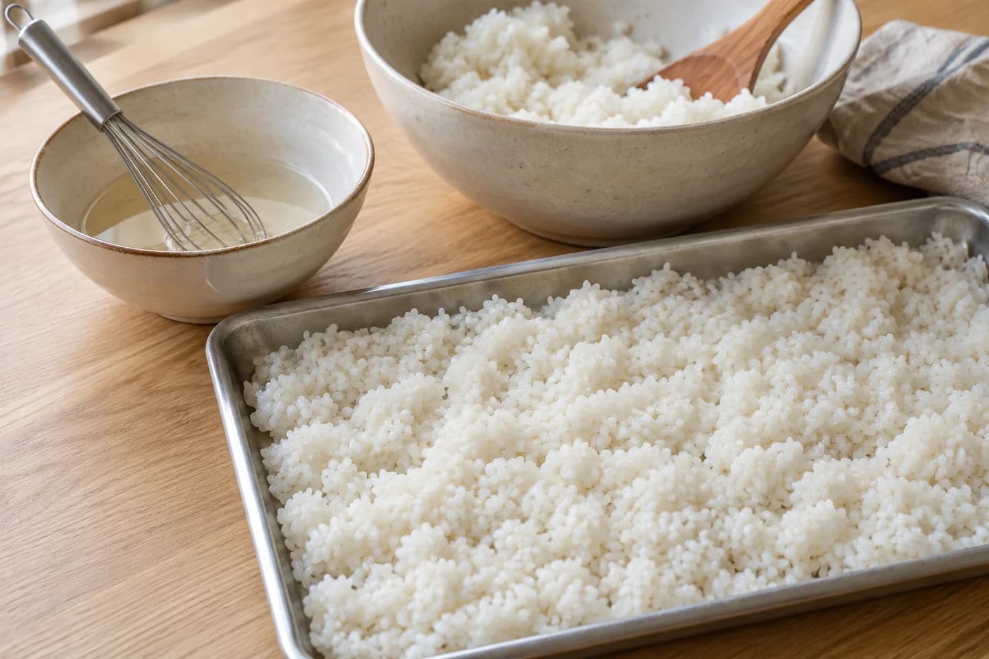 Crispy Tofu Kimbap with Quick-Pickled Veg: Stir the rice vinegar, sugar, and salt together until dissolved, then fold into the warm rice