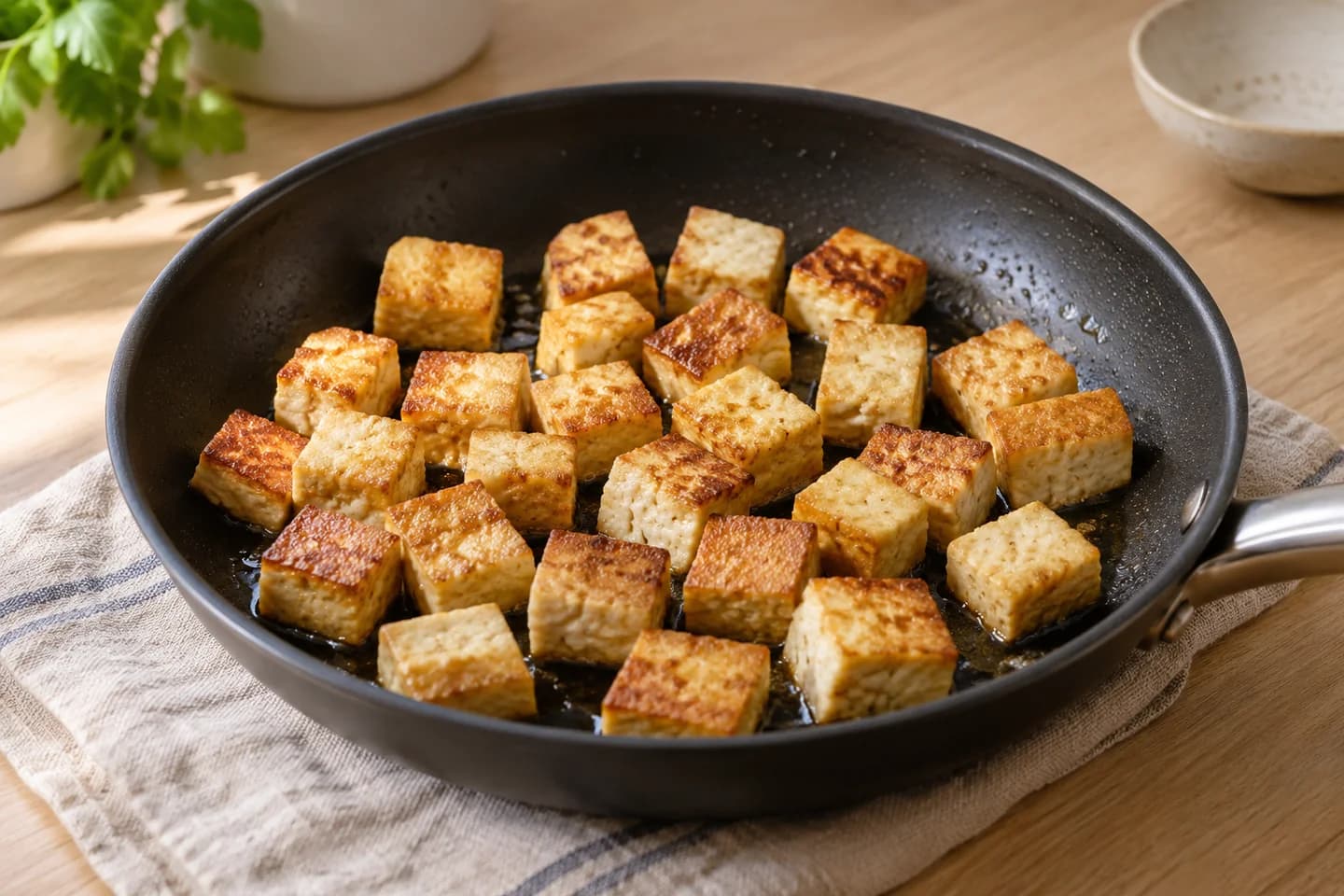 Crispy Tofu Peanut Noodles: Pat tofu dry and fry in oil in a nonstick skillet for 10–12 minutes, turning until browned