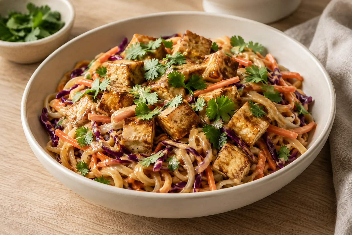 Crispy Tofu Peanut Noodles, ready to serve