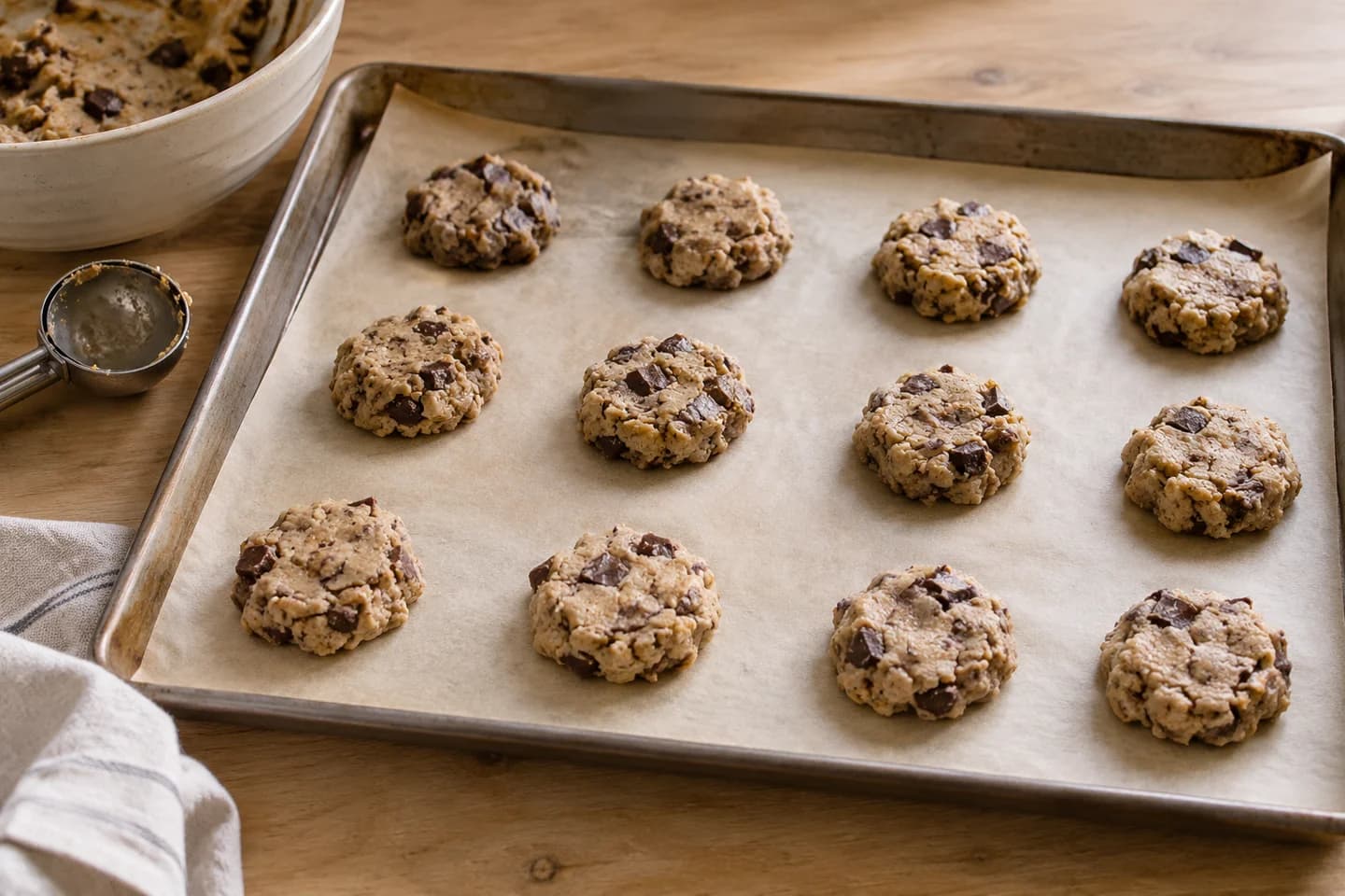 Dark Chocolate Tahini Cookies: Scoop into 12 mounds and flatten slightly, leaving space between them
