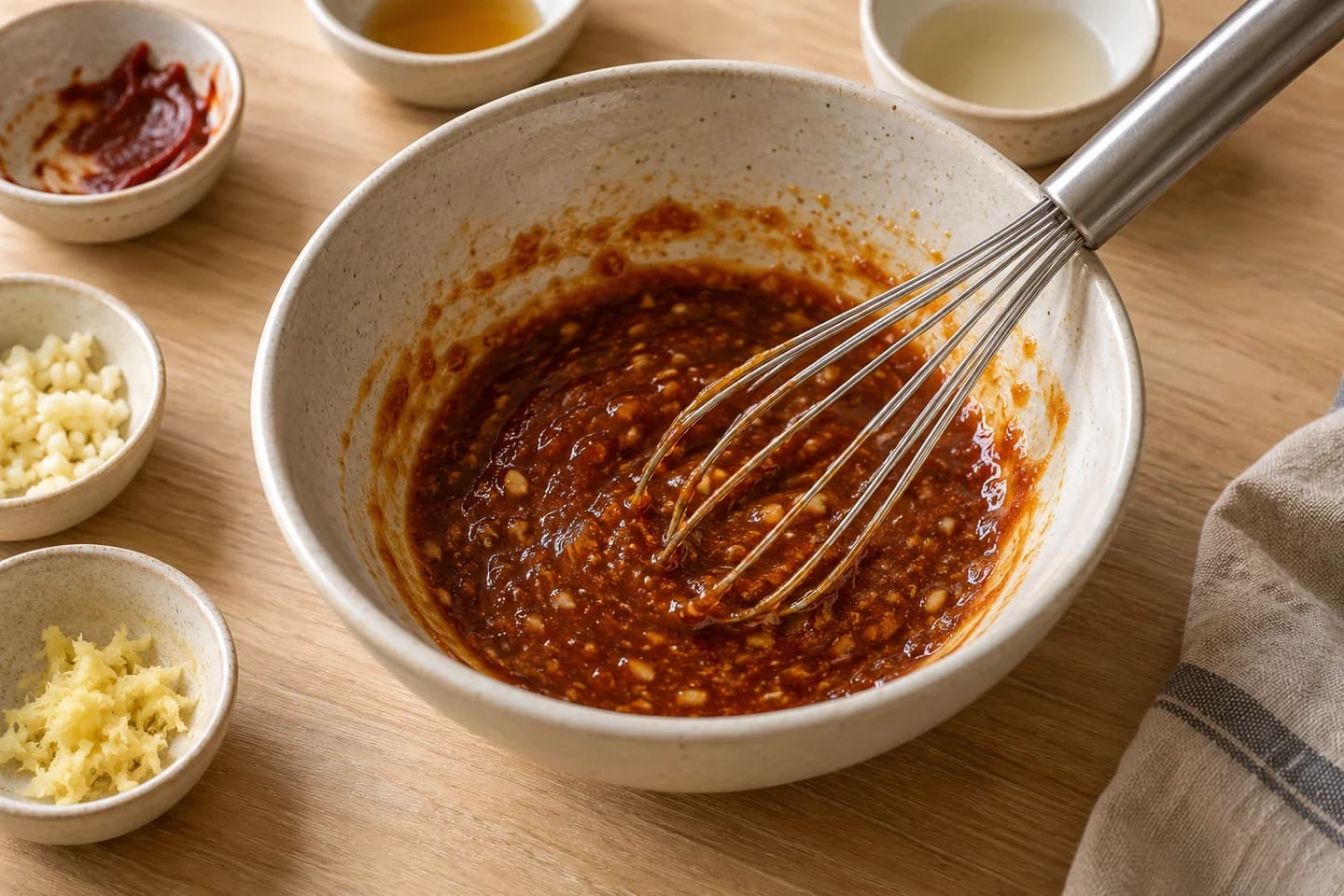Doenjang Roasted Sweet Potato Lettuce Wraps: Whisk the doenjang, maple syrup, rice vinegar, garlic, ginger, and gochujang in a bowl