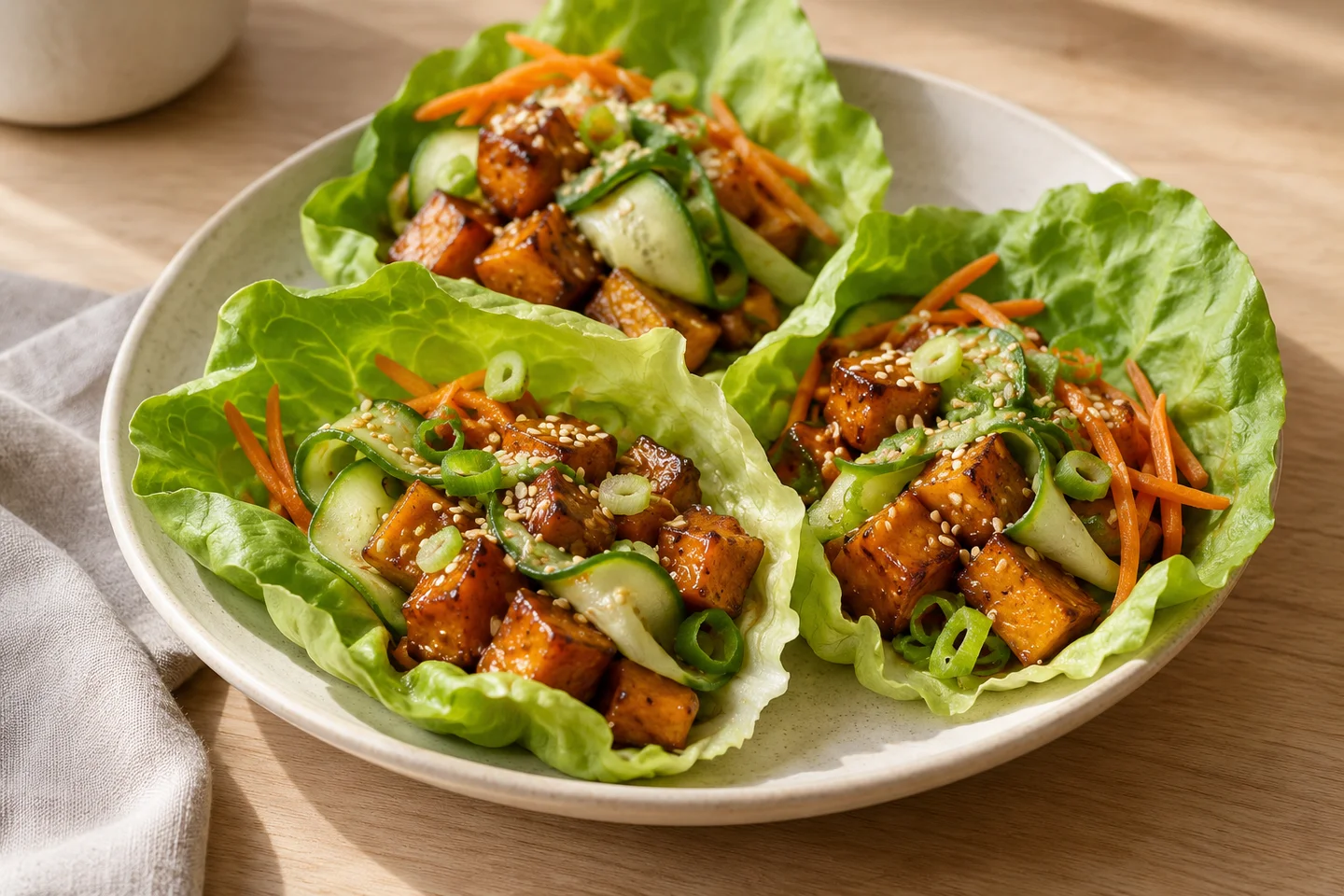 Lettuce wraps filled with glazed sweet potatoes and vegetables