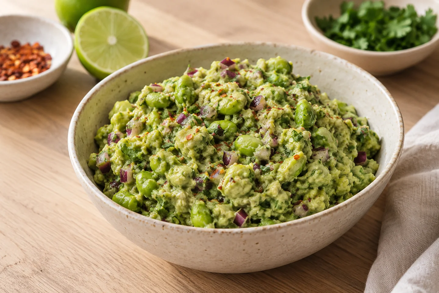 Edamame Lime Guacamole, ready to serve