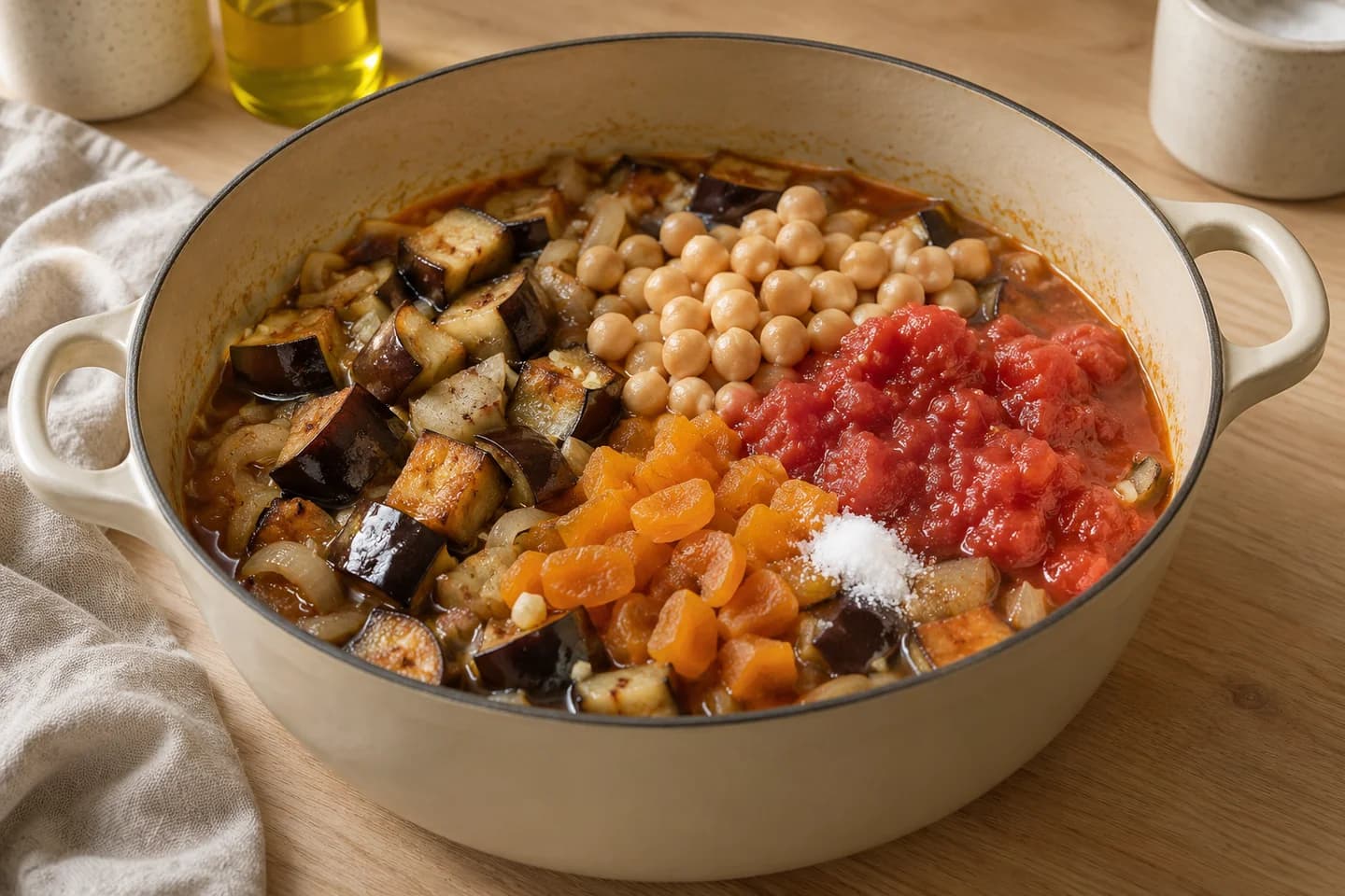 Eggplant Chickpea Tagine: Return eggplant and add chickpeas, tomatoes, apricots, stock and salt