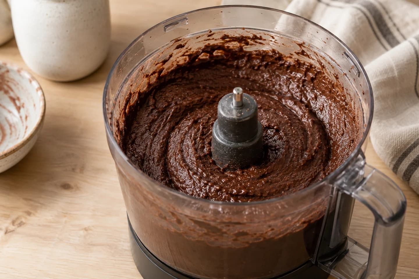 Fudgy Black Bean Brownies: Blend beans, cocoa, syrup, oil, oats, flax mixture, vanilla, baking powder and salt until smooth