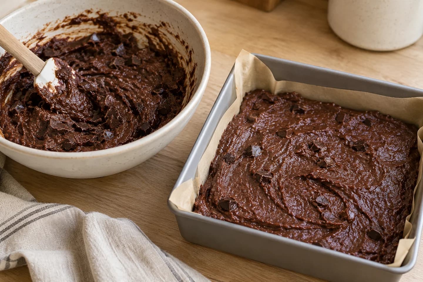 Fudgy Black Bean Brownies: Fold in chocolate and spread batter in the tin