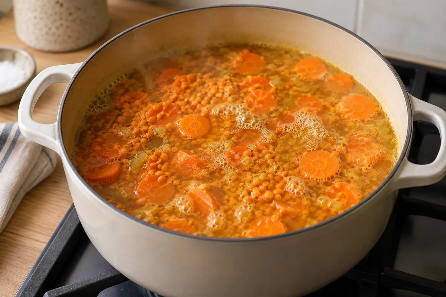 Ginger Carrot Lentil Soup: Stir in carrot, lentils, stock and salt