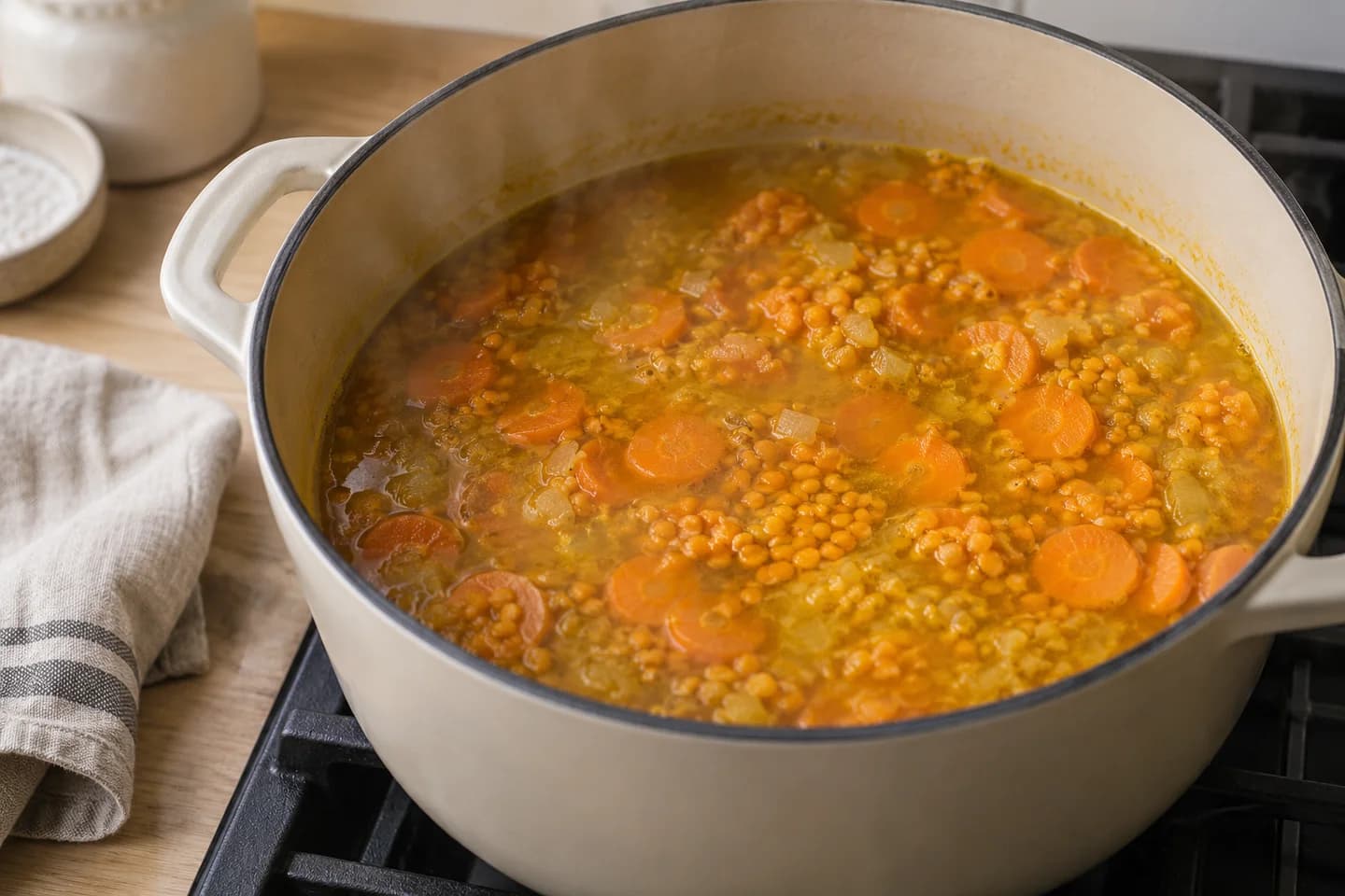 Ginger Carrot Lentil Soup: Simmer for 22–25 minutes until carrots and lentils are very tender