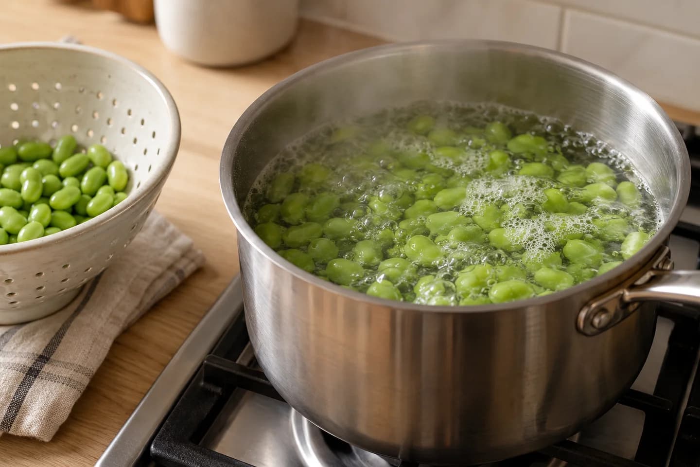 Ginger Scallion Soba Bowls: Boil edamame separately for 4–5 minutes or according to the packet and drain