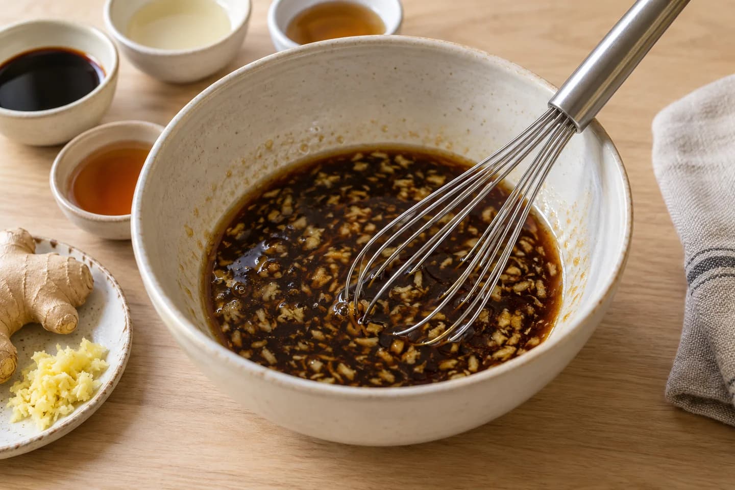 Ginger Scallion Soba Bowls: Whisk ginger, soy sauce, vinegar, sesame oil and maple syrup