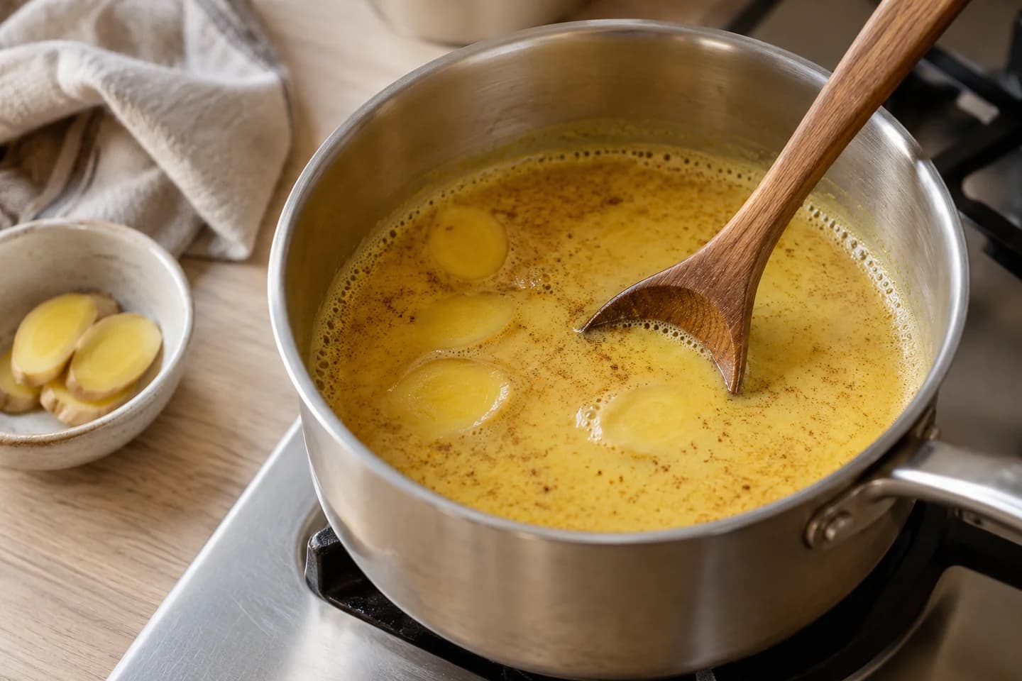 Ginger Turmeric Golden Milk: Add ginger and warm gently over low heat for 6–8 minutes, stirring regularly; do not let it boil over