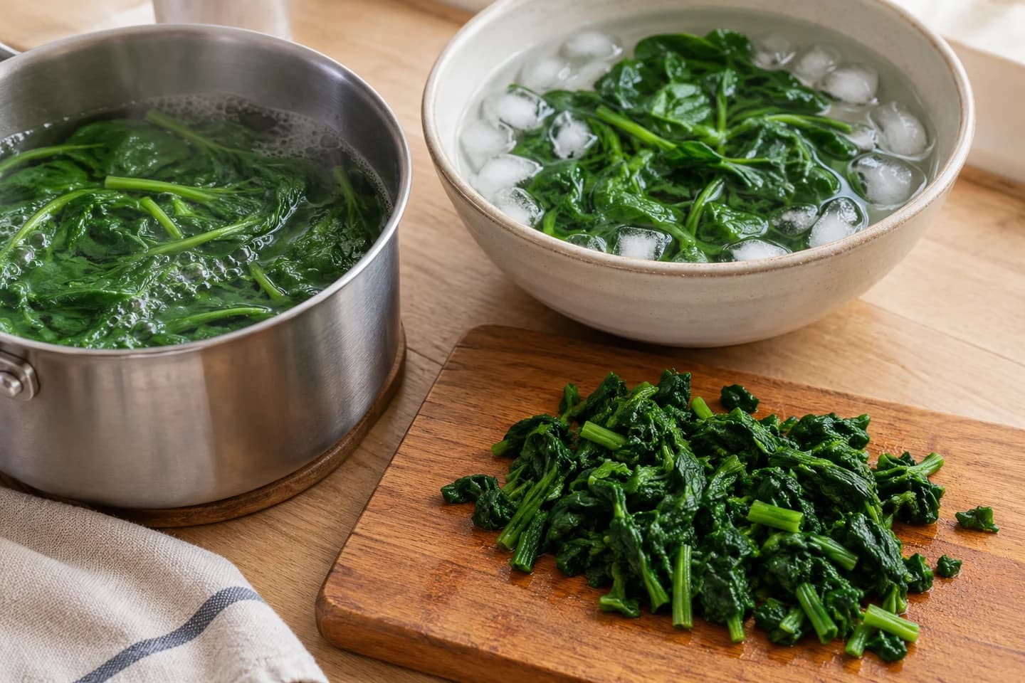 Gochugaru Sesame Spinach Banchan: Blanch the spinach for 30 seconds, then transfer to the ice bath