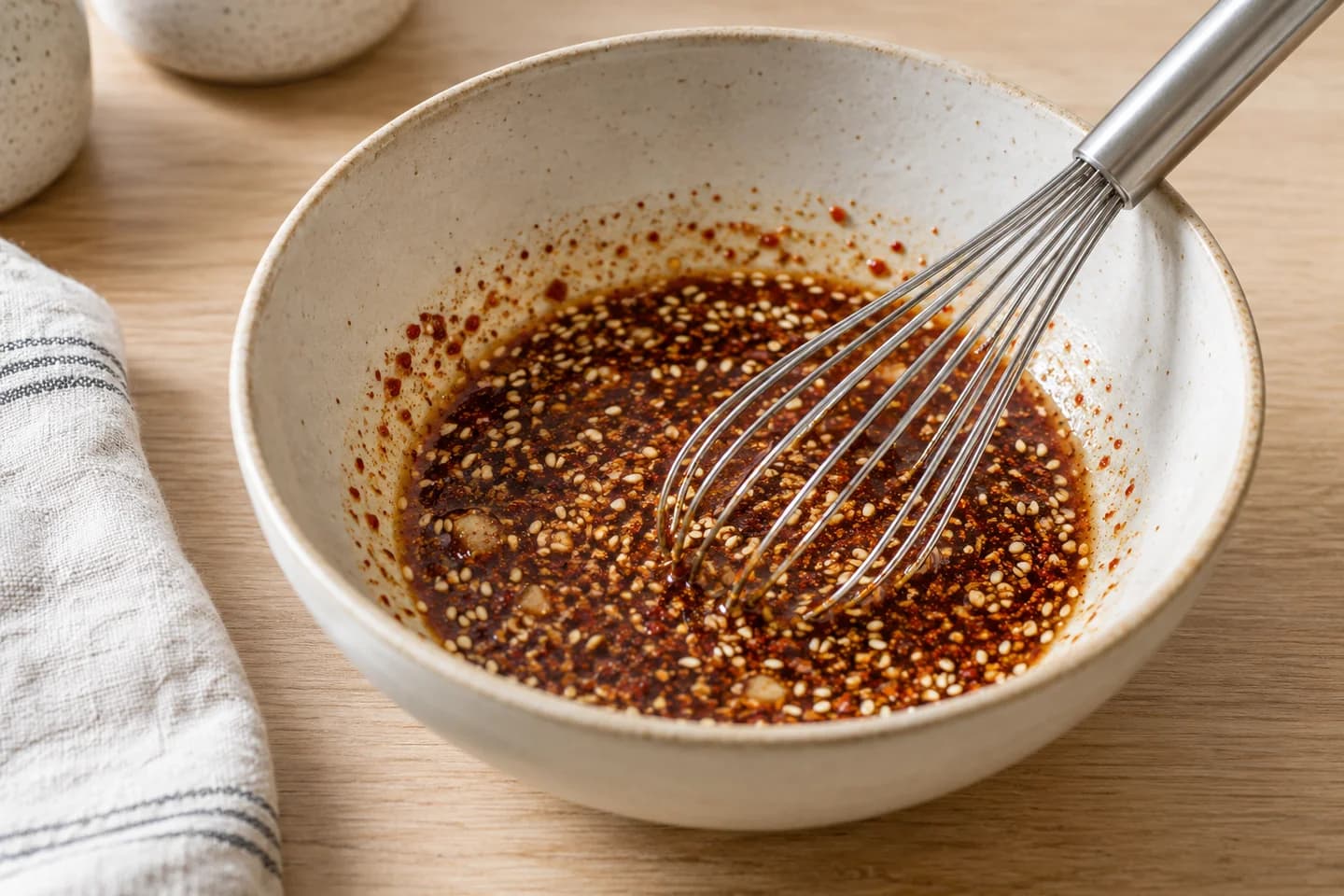 Gochugaru Sesame Spinach Banchan: Whisk the sesame oil, tamari, rice vinegar, sugar, gochugaru, garlic, sesame seeds, and salt in a bowl