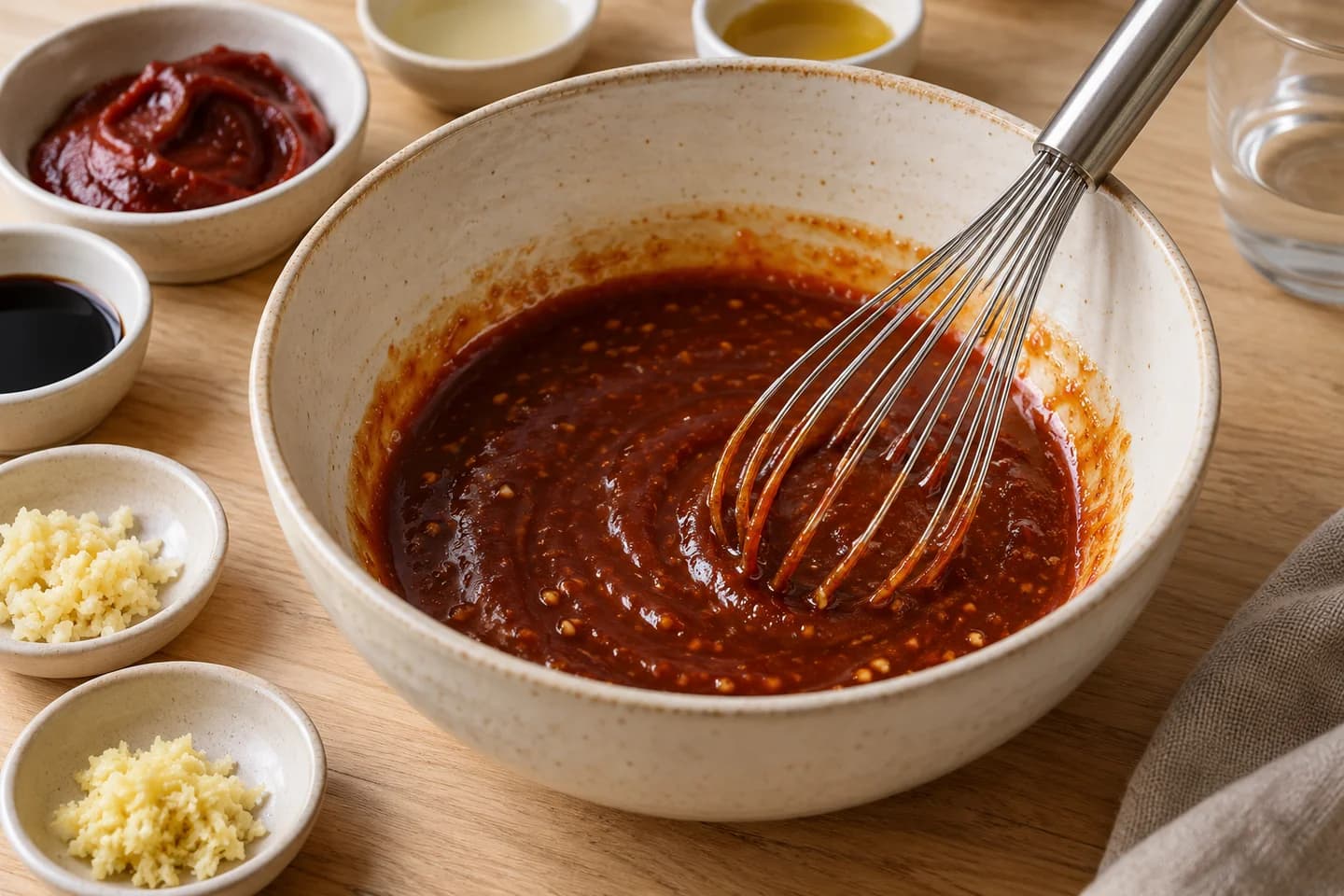 Gochujang Crispy Tofu Protein Noodle Bowls: Whisk gochujang, tamari, maple syrup, rice vinegar, sesame oil, garlic, ginger, and 2 tablespoons water into a glossy sauce