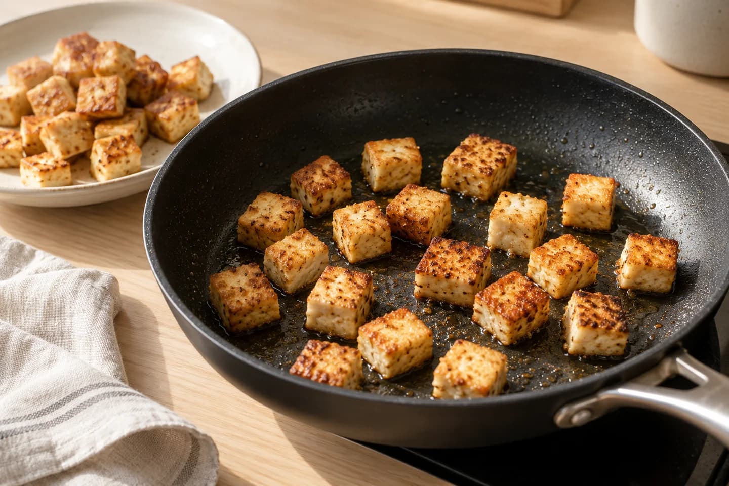 Gochujang Crispy Tofu Protein Noodle Bowls: Heat avocado oil in a large nonstick skillet over medium-high; sear tofu 6 to 7 minutes, turning until crisp