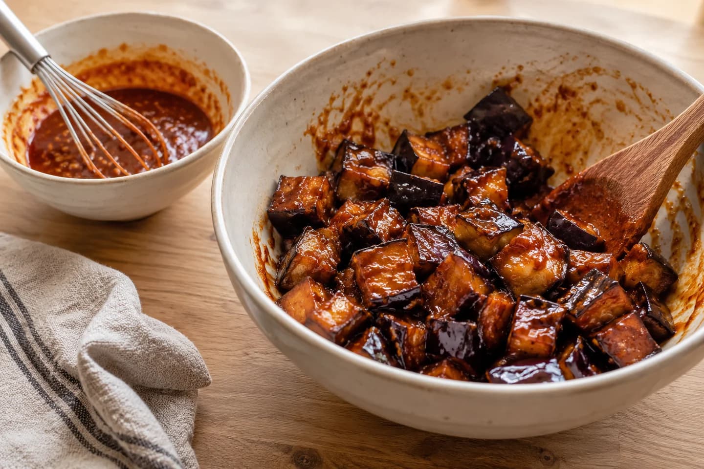 Gochujang-Glazed Eggplant Bibimbap Bowls: Whisk together the gochujang, tamari, sesame oil, rice vinegar, maple syrup, ginger, and garlic